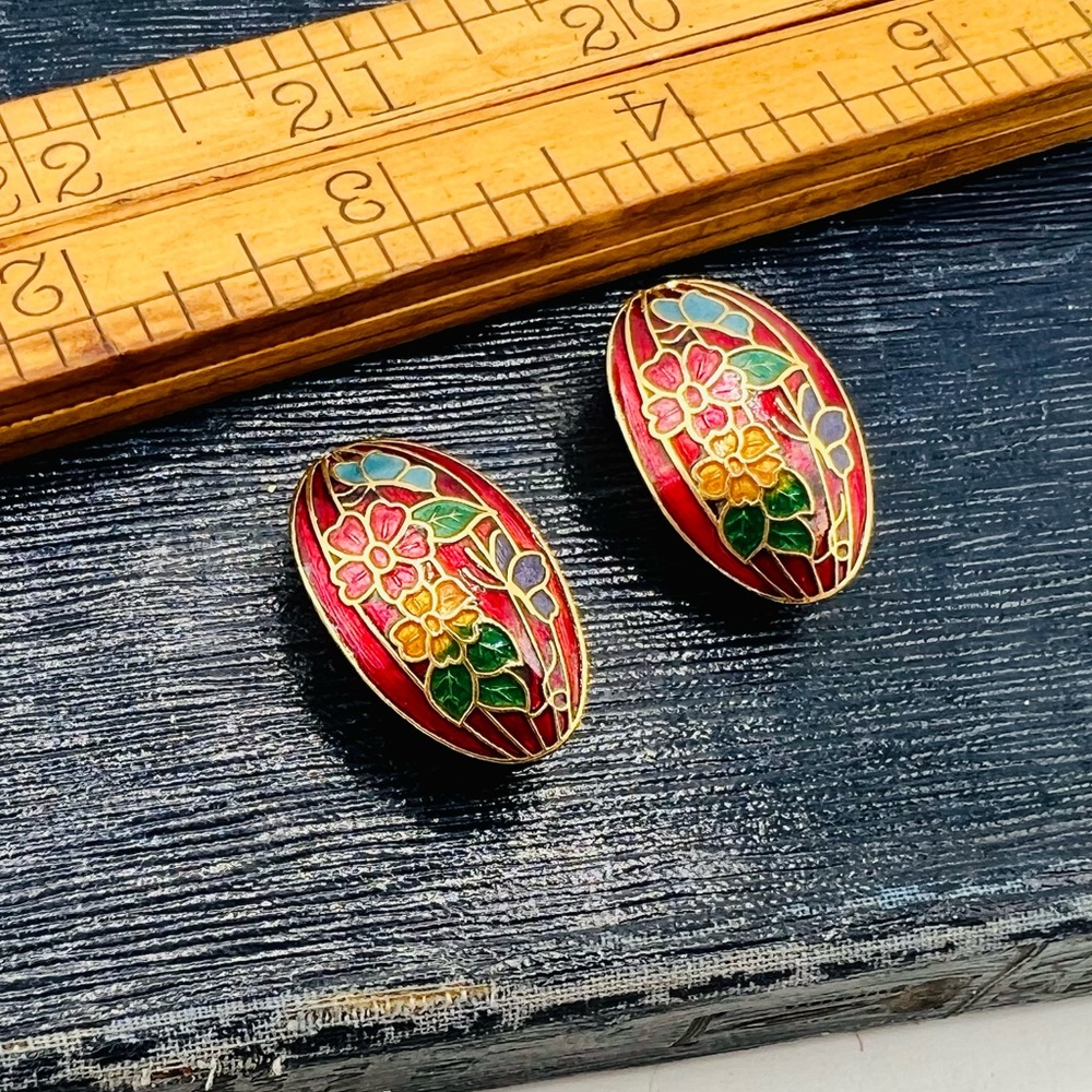 Red vintage cloisonné clip on earrings ovals flowers butterflies new old stock